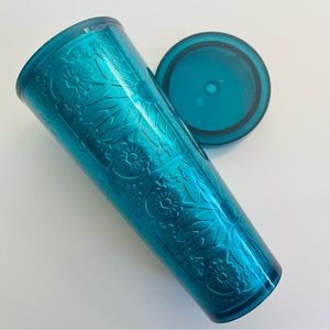 Teal Starbucks Metal Embossed Floral Cold Cup Tumbler - Rare - 2017 - 24oz HTF